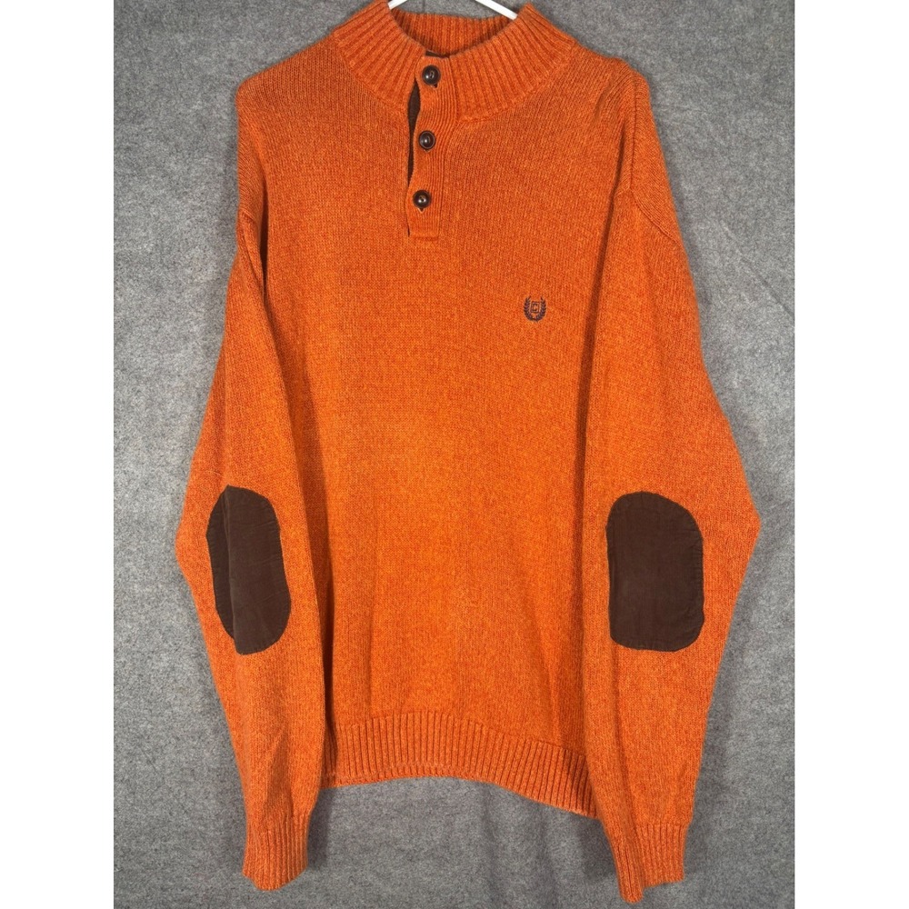 Chaps Mens XXL Orange‎ Knit Mock Neck Button Pullover Sweater Elbow Patches
